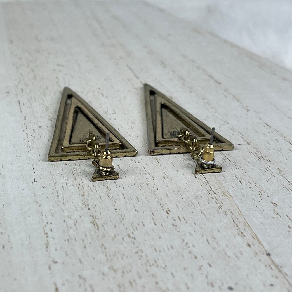 Gold Tone Tiered Triangle Cairo Dangle Earrings Black Geo Geometric Boho Jewelry - Picture 10 of 16
